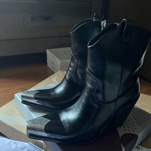 Black Leather Western Ankle Boots